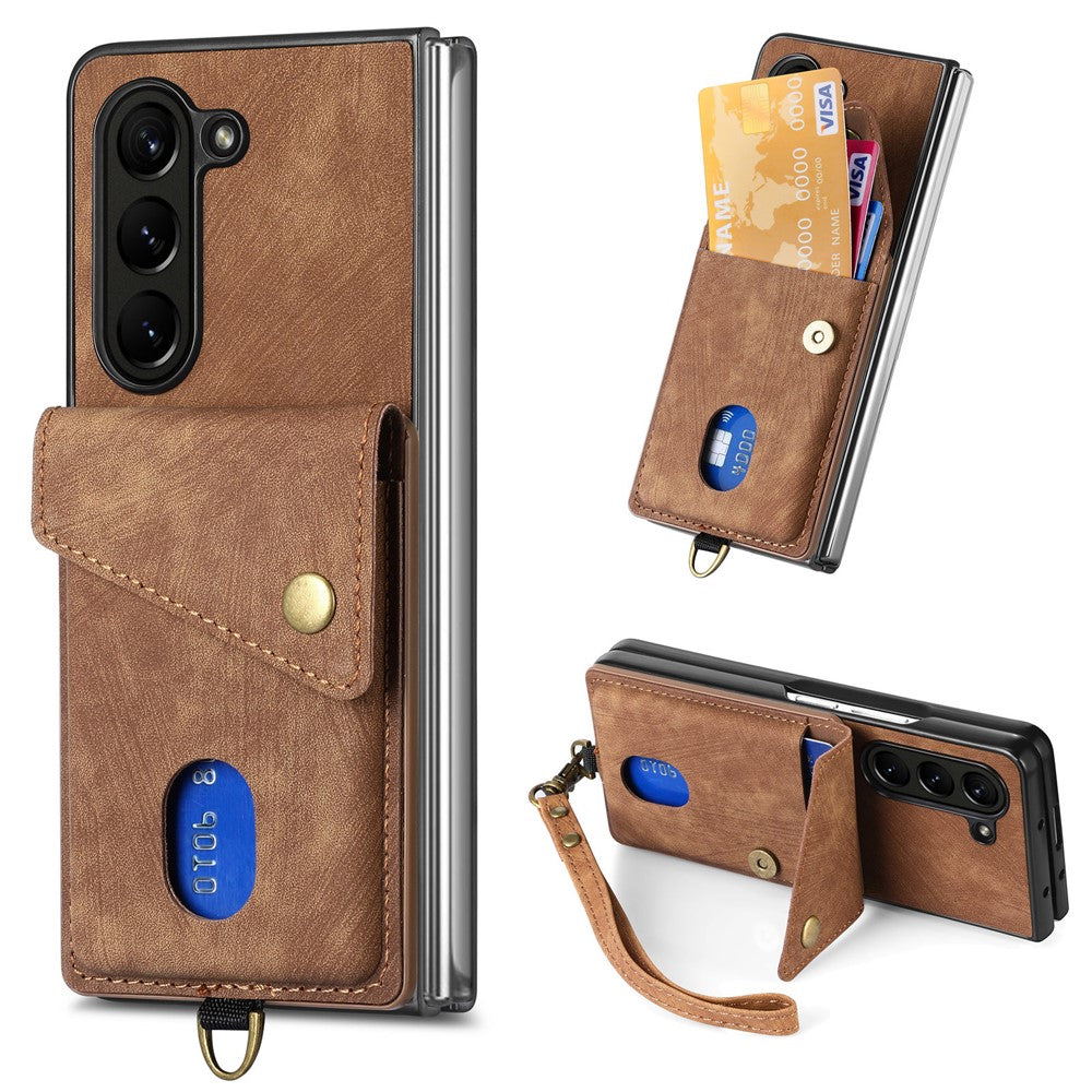 Til Samsung Galaxy Z Fold6 5G Etui Kickstand Korttaske Læder+PC Telefoncover med Rem