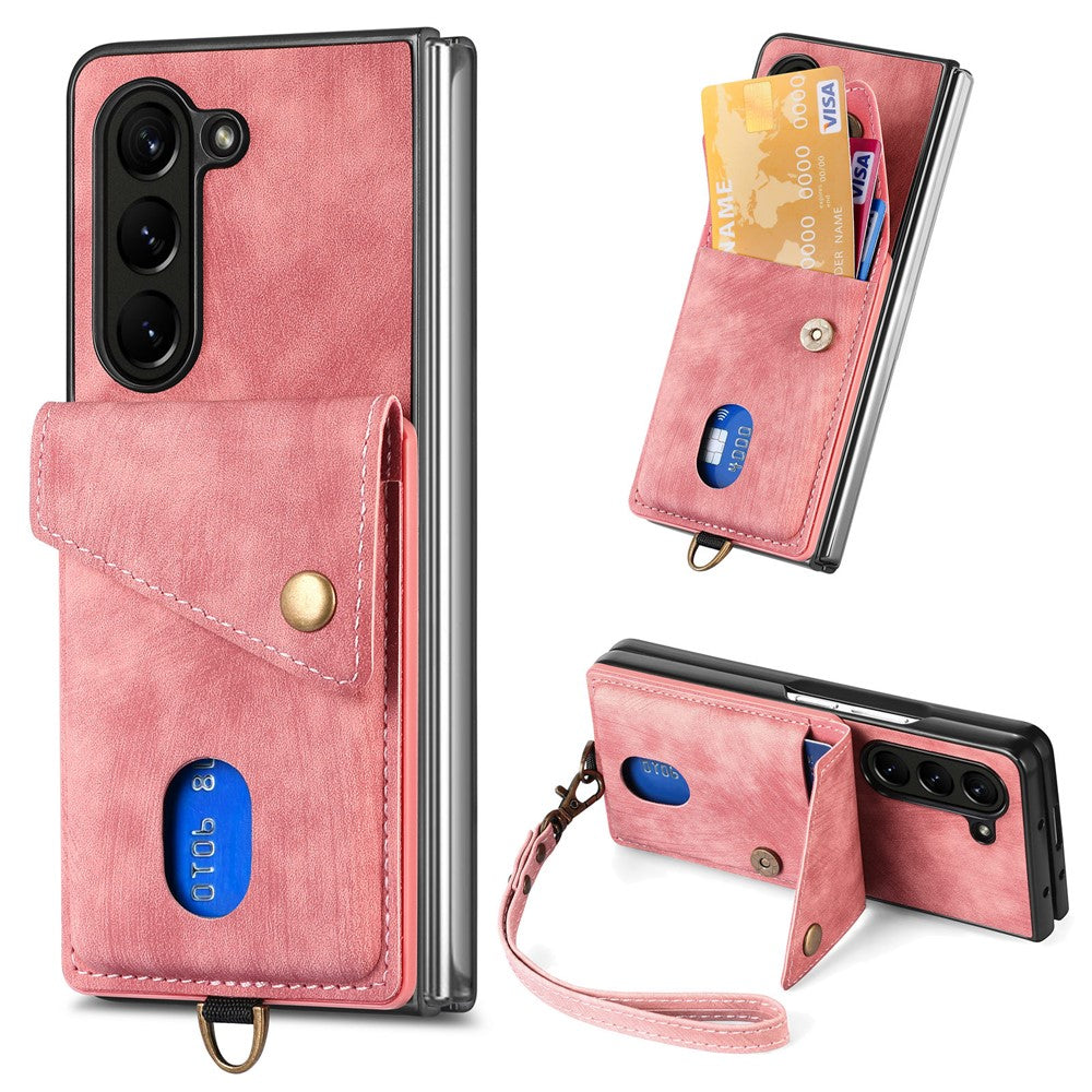 Til Samsung Galaxy Z Fold6 5G Etui Kickstand Korttaske Læder+PC Telefoncover med Rem