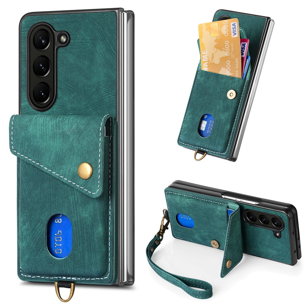 Til Samsung Galaxy Z Fold6 5G Etui Kickstand Korttaske Læder+PC Telefoncover med Rem