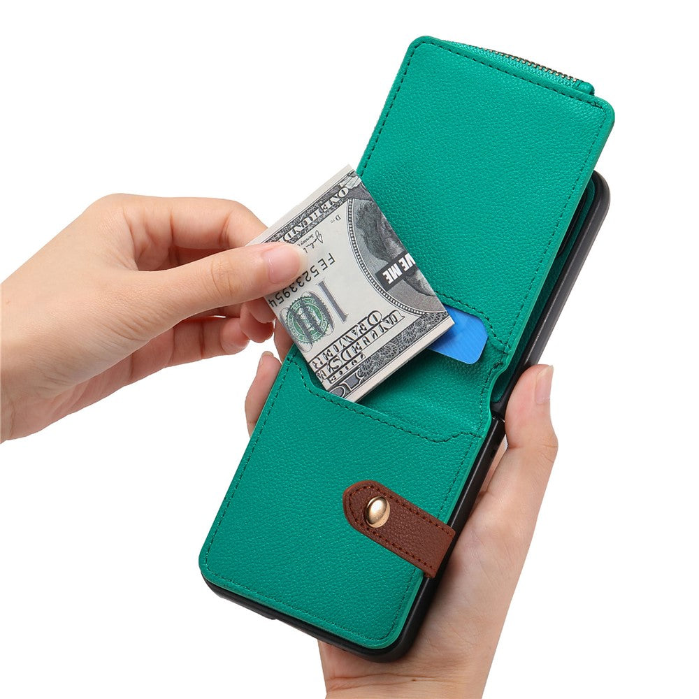 Skal för Samsung Galaxy Z Flip7 FE 5G / Z Flip6 5G med dragkedja, läder + PC-mobilskal och ringhållare