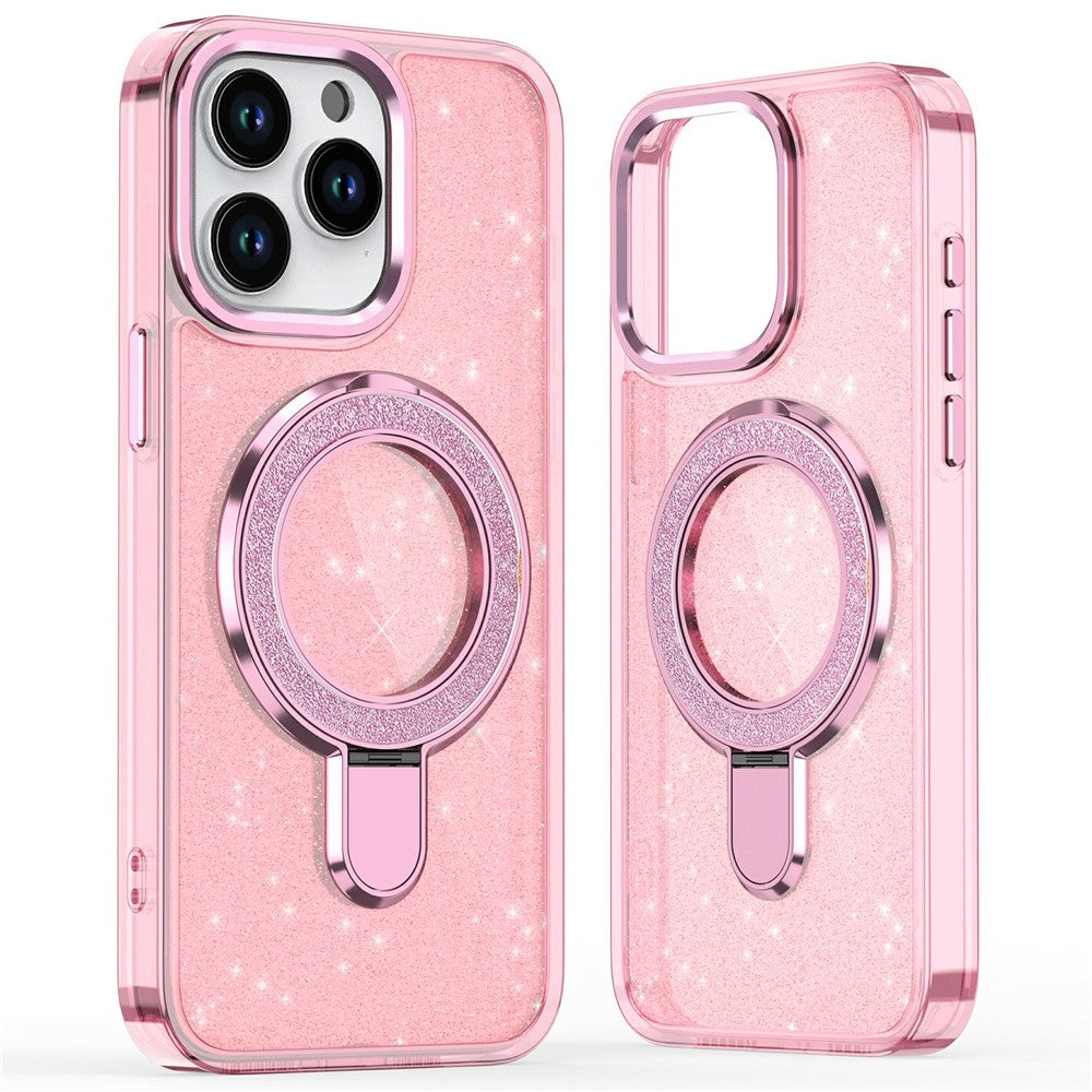 For iPhone 15 Pro Max Case Glitter Design TPU+PC Hybrid Phone Cover with Kickstand