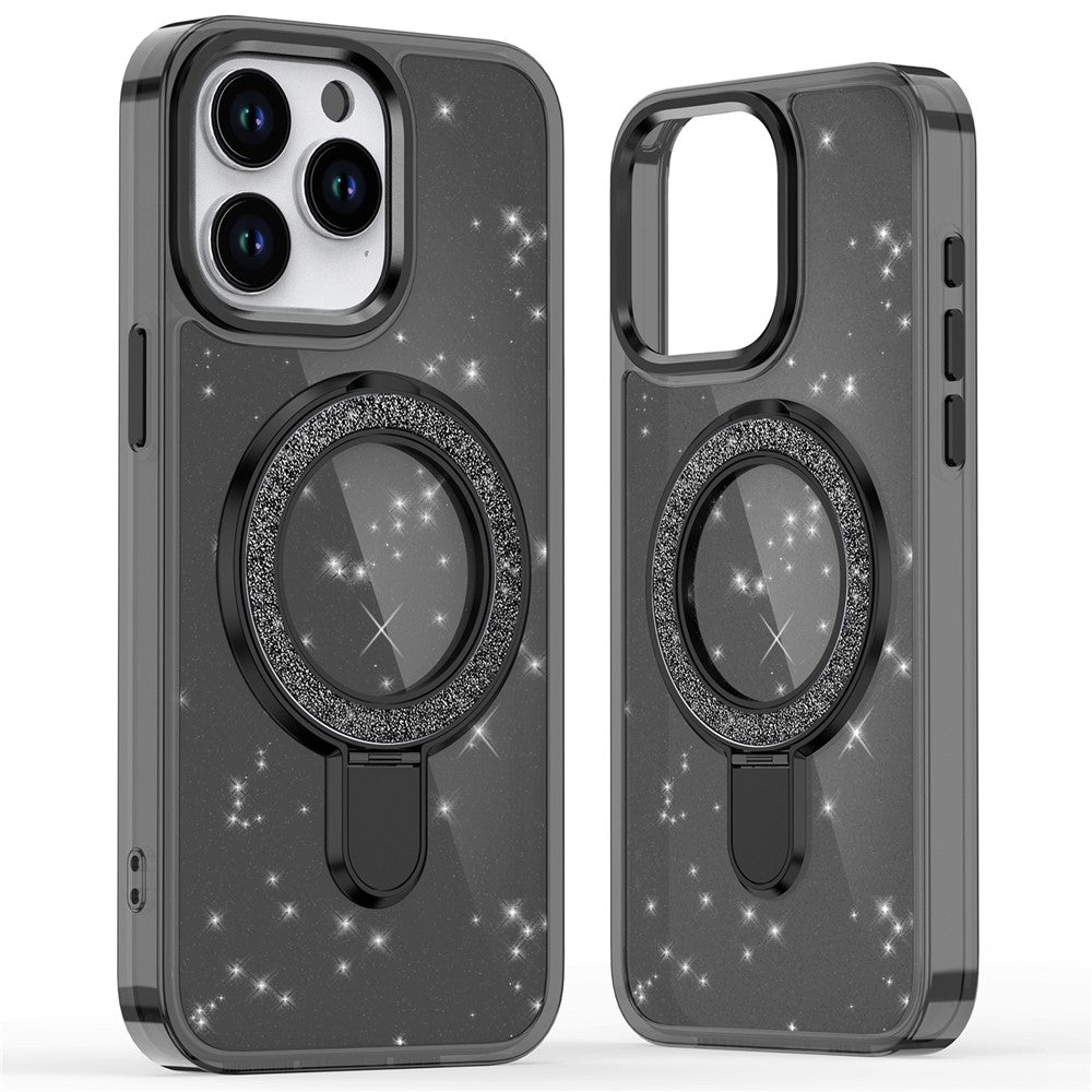 For iPhone 15 Pro Max Case Glitter Design TPU+PC Hybrid Phone Cover with Kickstand