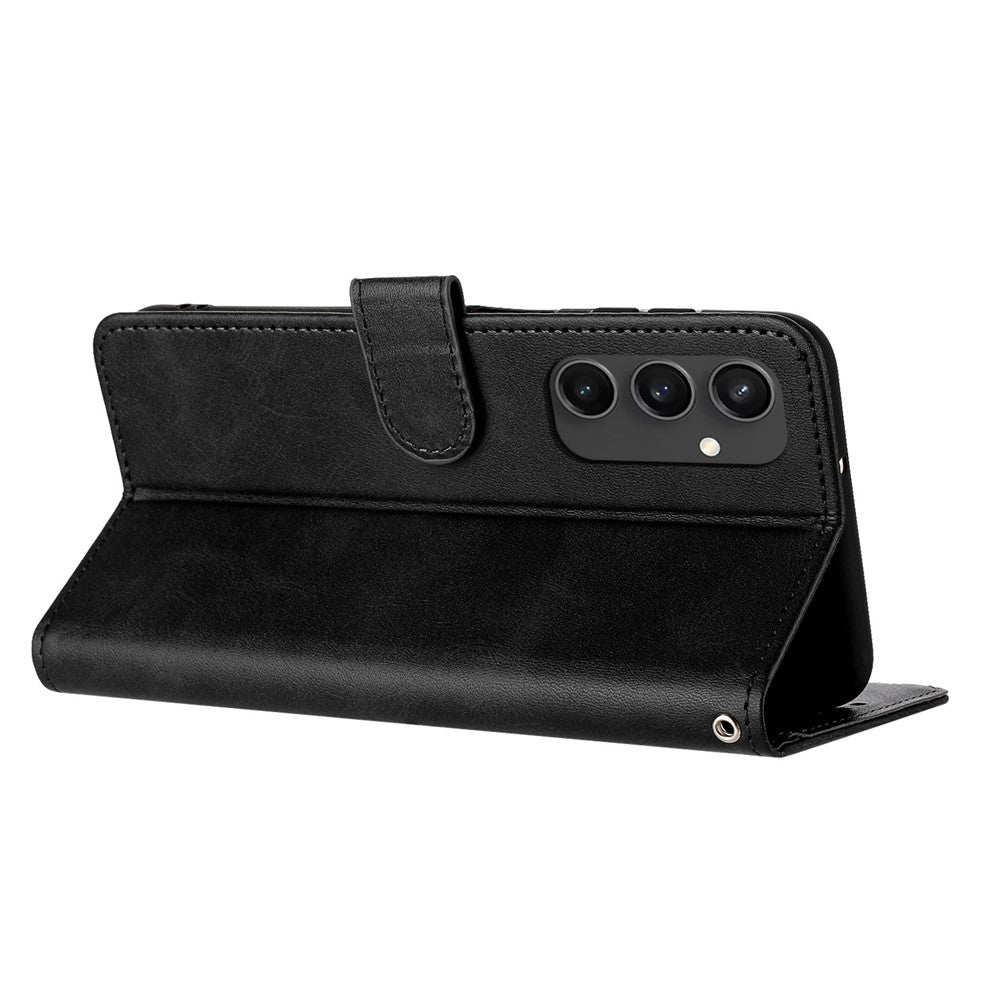For Samsung Galaxy S24 FE Case PU Leather Purse Calf Texture Phone Cover with Hand Strap