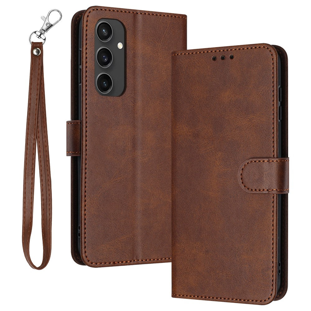 For Samsung Galaxy S24 FE Case PU Leather Purse Calf Texture Phone Cover with Hand Strap