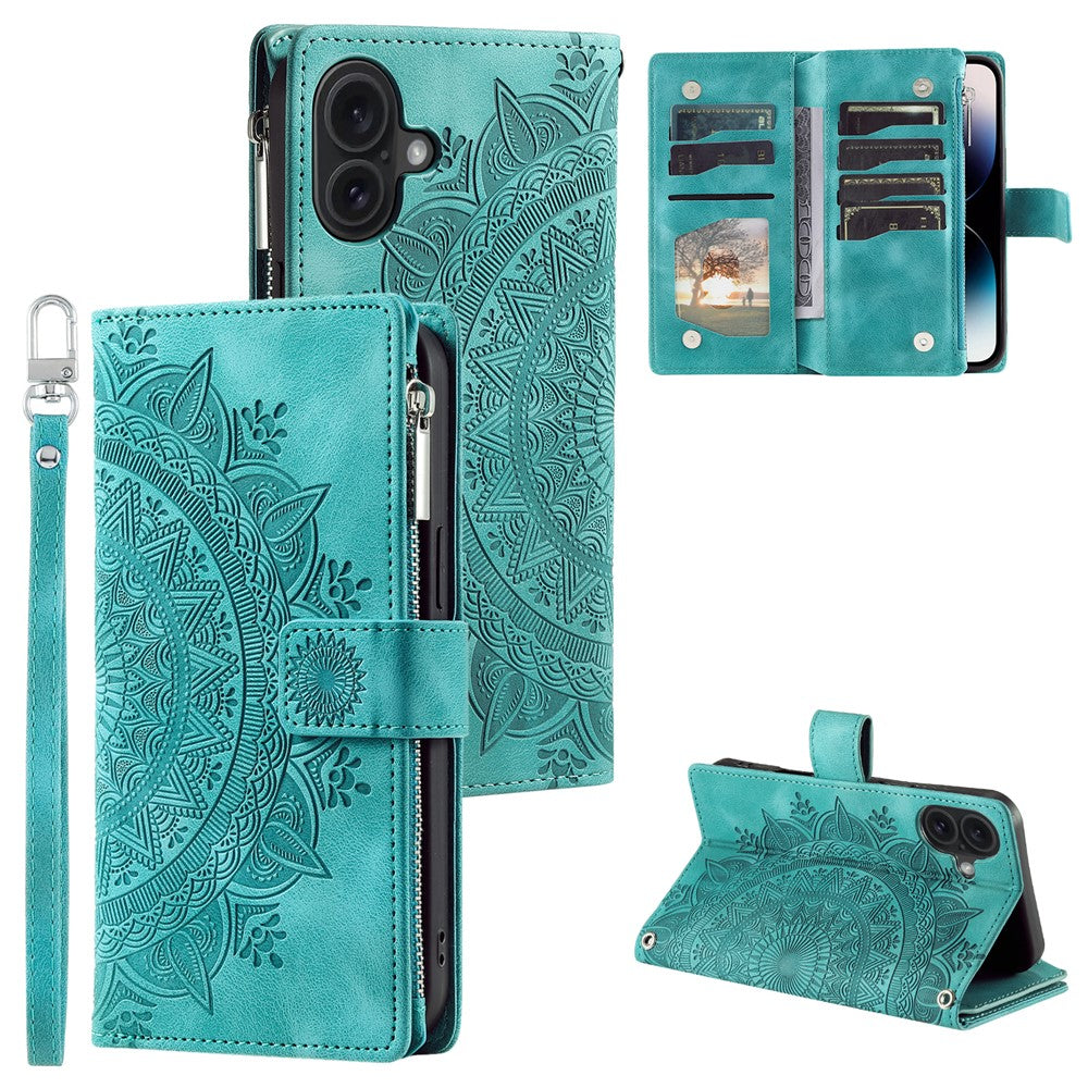 Style 006 Til iPhone 16 Cover PU Læder Pung Telefon Cover Mandala Blomster Mønster
