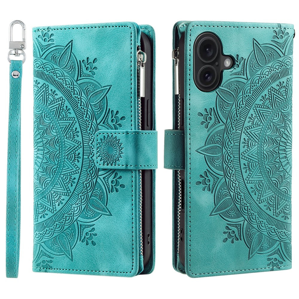 Style 006 Til iPhone 16 Cover PU Læder Pung Telefon Cover Mandala Blomster Mønster