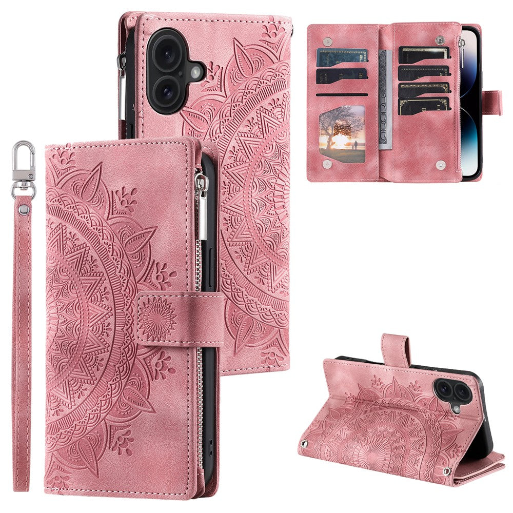 Style 006 Til iPhone 16 Cover PU Læder Pung Telefon Cover Mandala Blomster Mønster