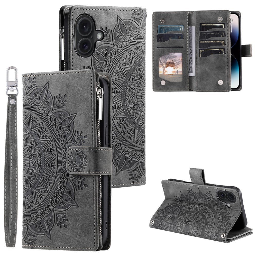 Style 006 Til iPhone 16 Cover PU Læder Pung Telefon Cover Mandala Blomster Mønster