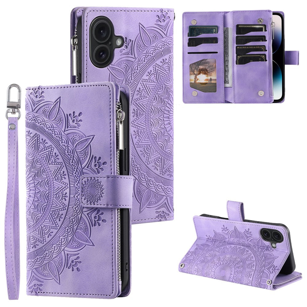 Style 006 Til iPhone 16 Cover PU Læder Pung Telefon Cover Mandala Blomster Mønster
