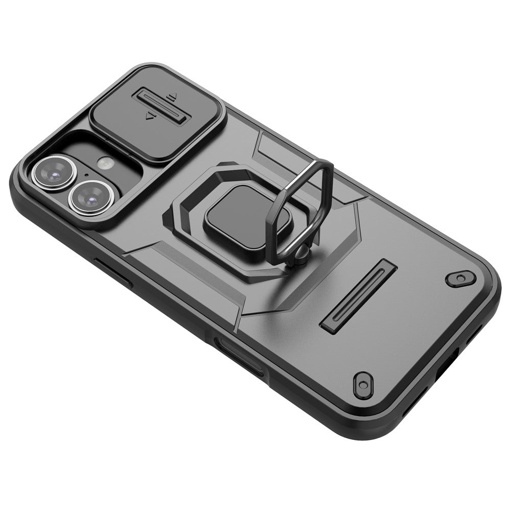 For iPhone 16 Plus Case PC+TPU Camshield Phone Cover with Ring Holder Kickstand