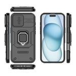 For iPhone 16 Plus Case PC+TPU Camshield Phone Cover with Ring Holder Kickstand
