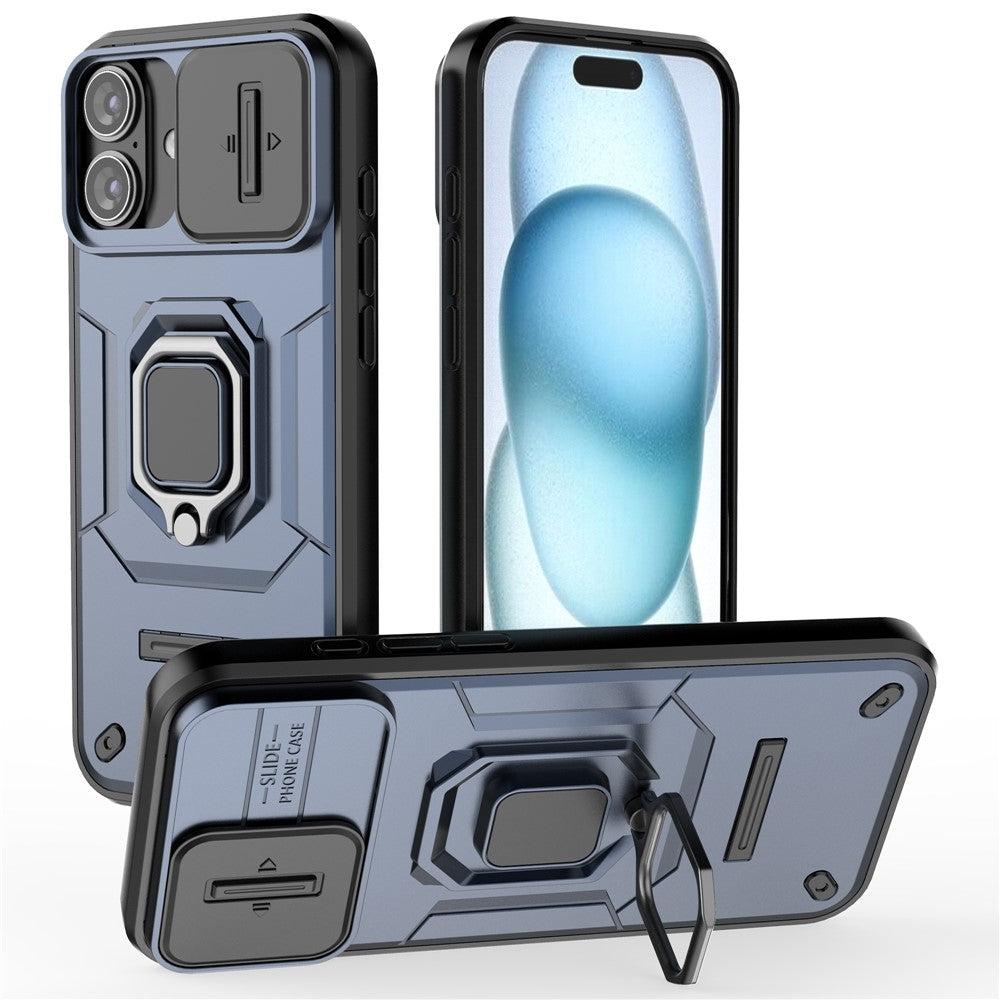 For iPhone 16 Plus Case PC+TPU Camshield Phone Cover with Ring Holder Kickstand