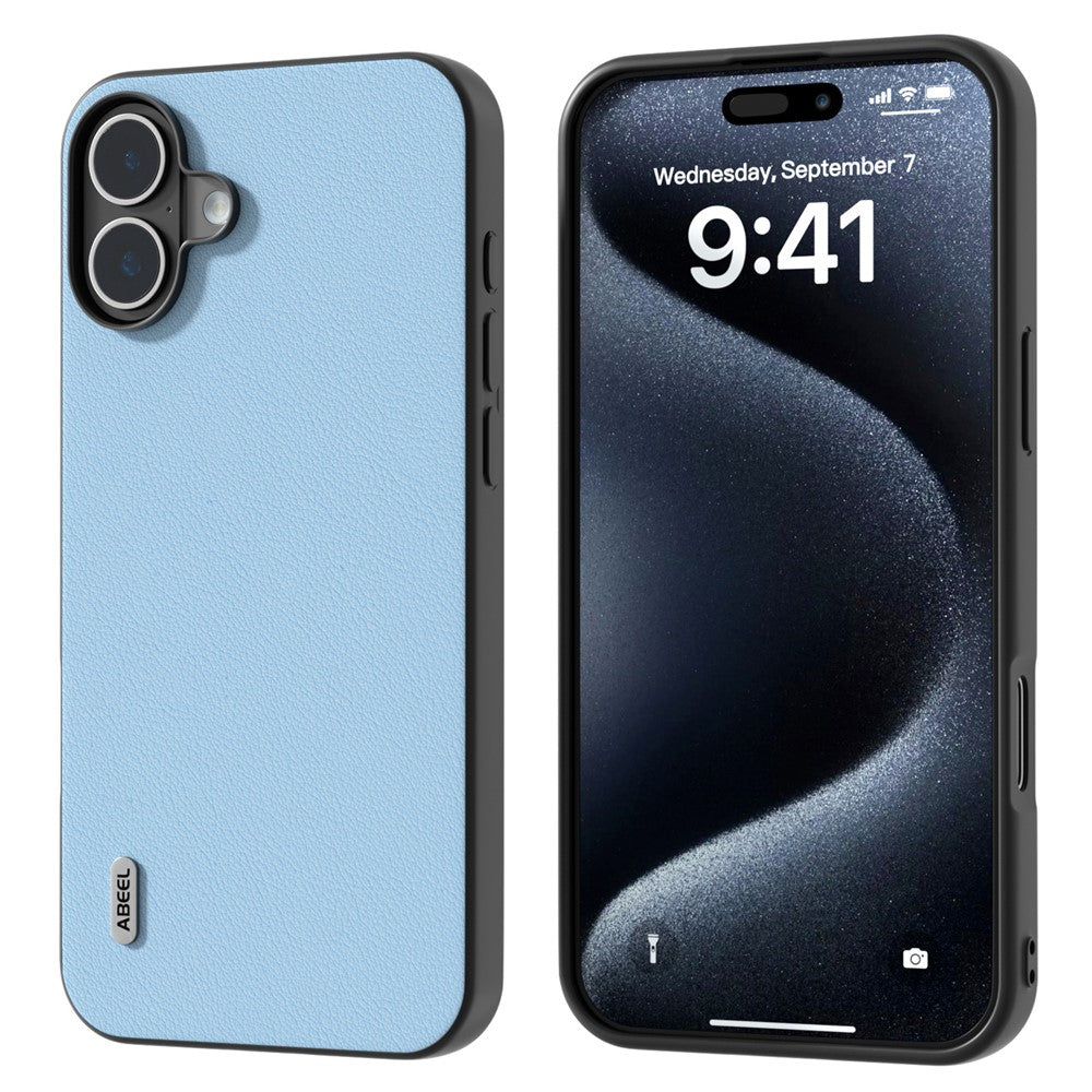 ABEEL For iPhone 16 Case Genuine Cow Leather Coated PC+TPU Hybrid Phone Cover