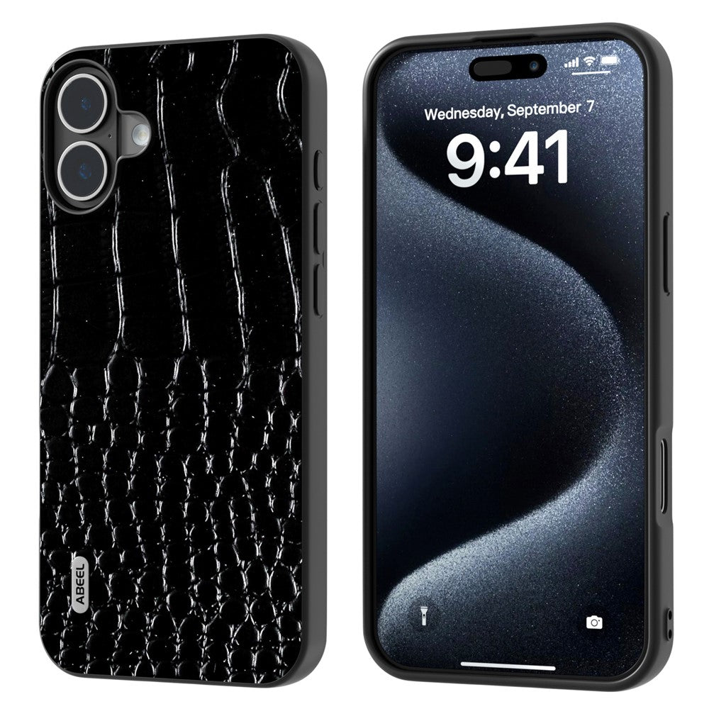 ABEEL For iPhone 16 Case Crocodile Texture Genuine Cow Leather Coated PC+TPU Phone Cover