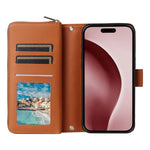 R20 For iPhone 16 Pro Max Case Zipper PU Leather Phone Cover with 9 Card Slots
