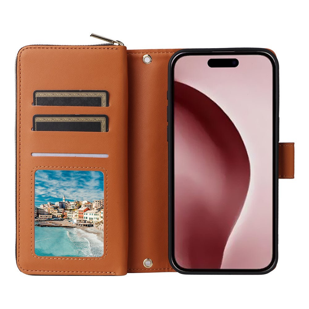 R20 For iPhone 16 Pro Max Case Zipper PU Leather Phone Cover with 9 Card Slots