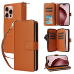 R20 For iPhone 16 Pro Max Case Zipper PU Leather Phone Cover with 9 Card Slots