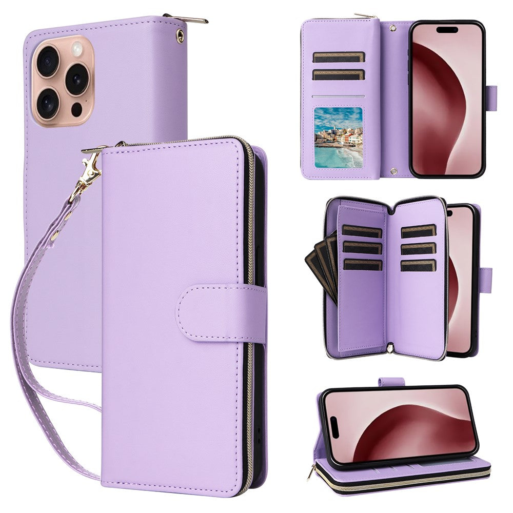 R20 For iPhone 16 Pro Max Case Zipper PU Leather Phone Cover with 9 Card Slots
