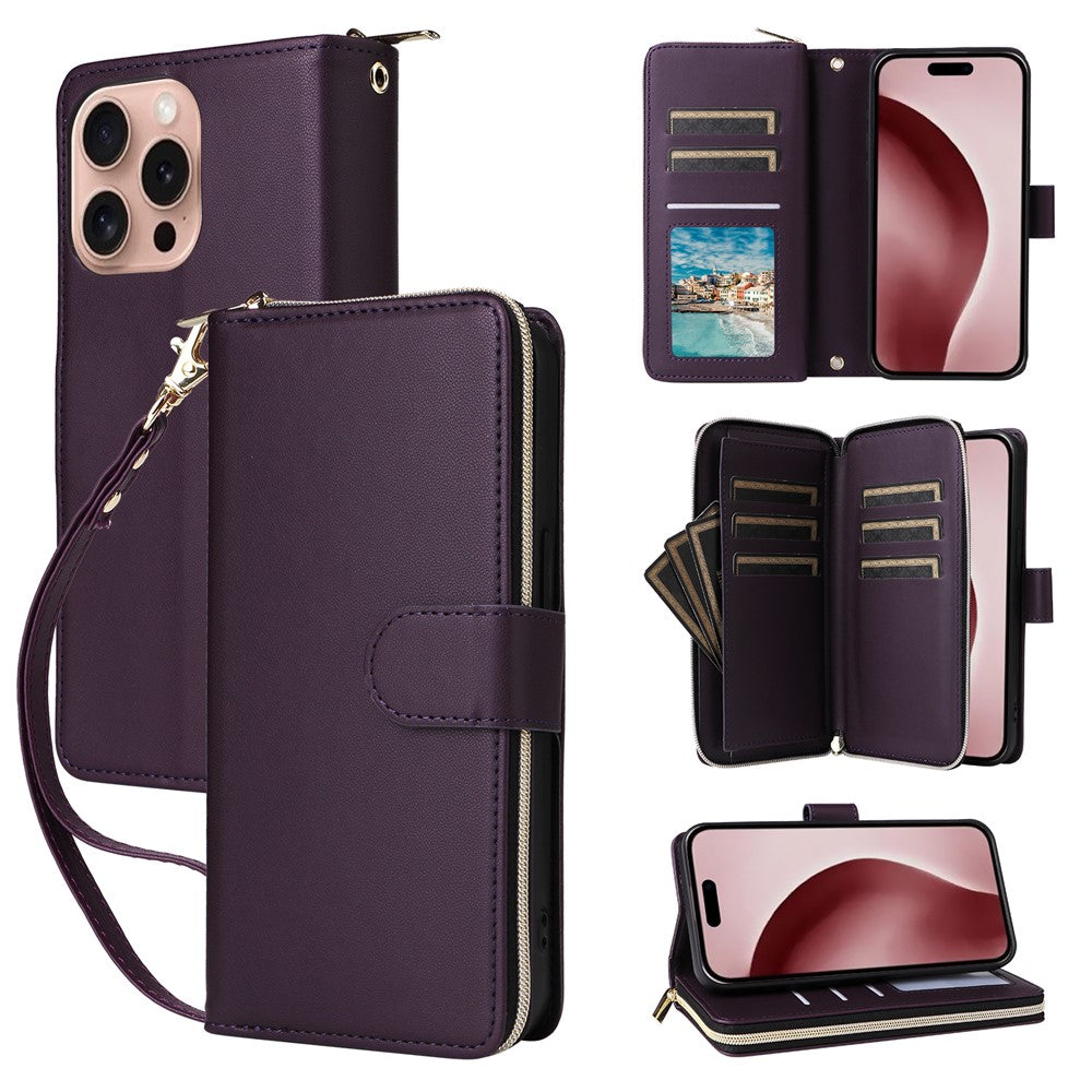 R20 For iPhone 16 Pro Max Case Zipper PU Leather Phone Cover with 9 Card Slots