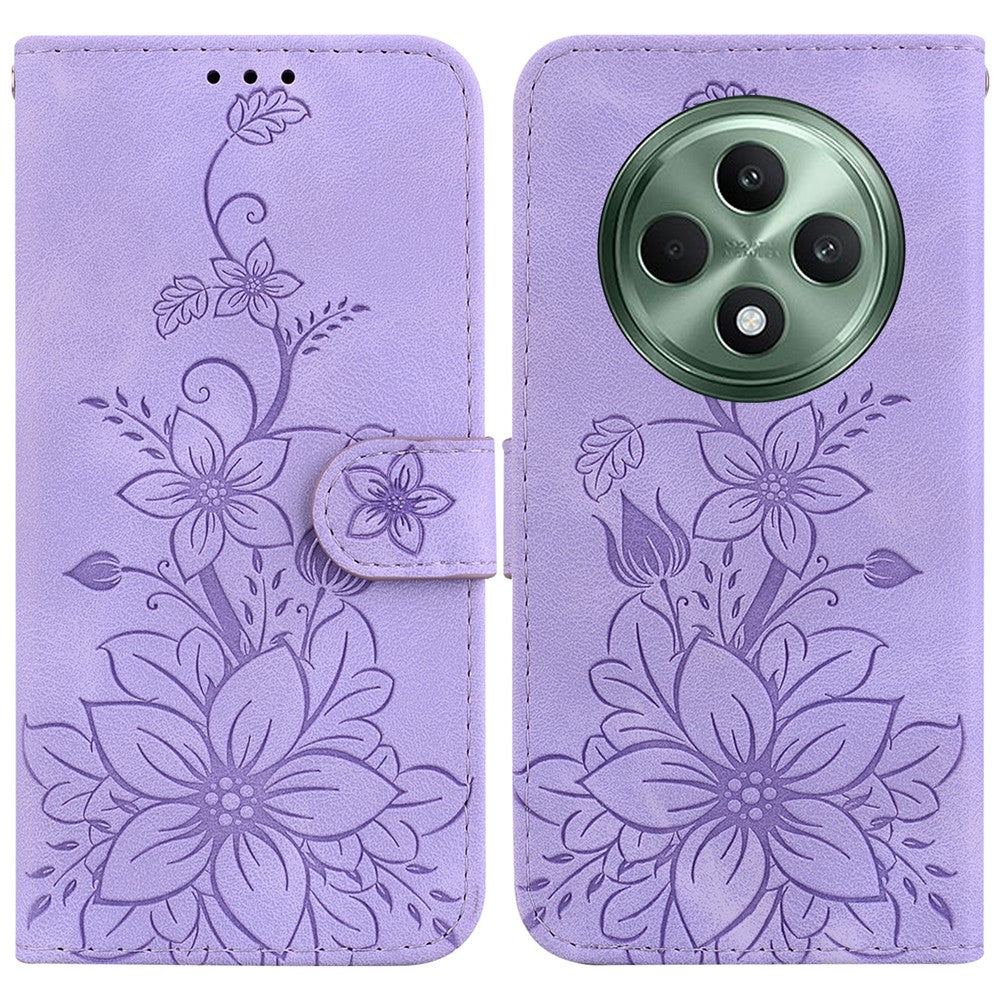 Oppo Reno12 F 5G-skal Lily Flower Imprint Lädermobilskal med Stativ