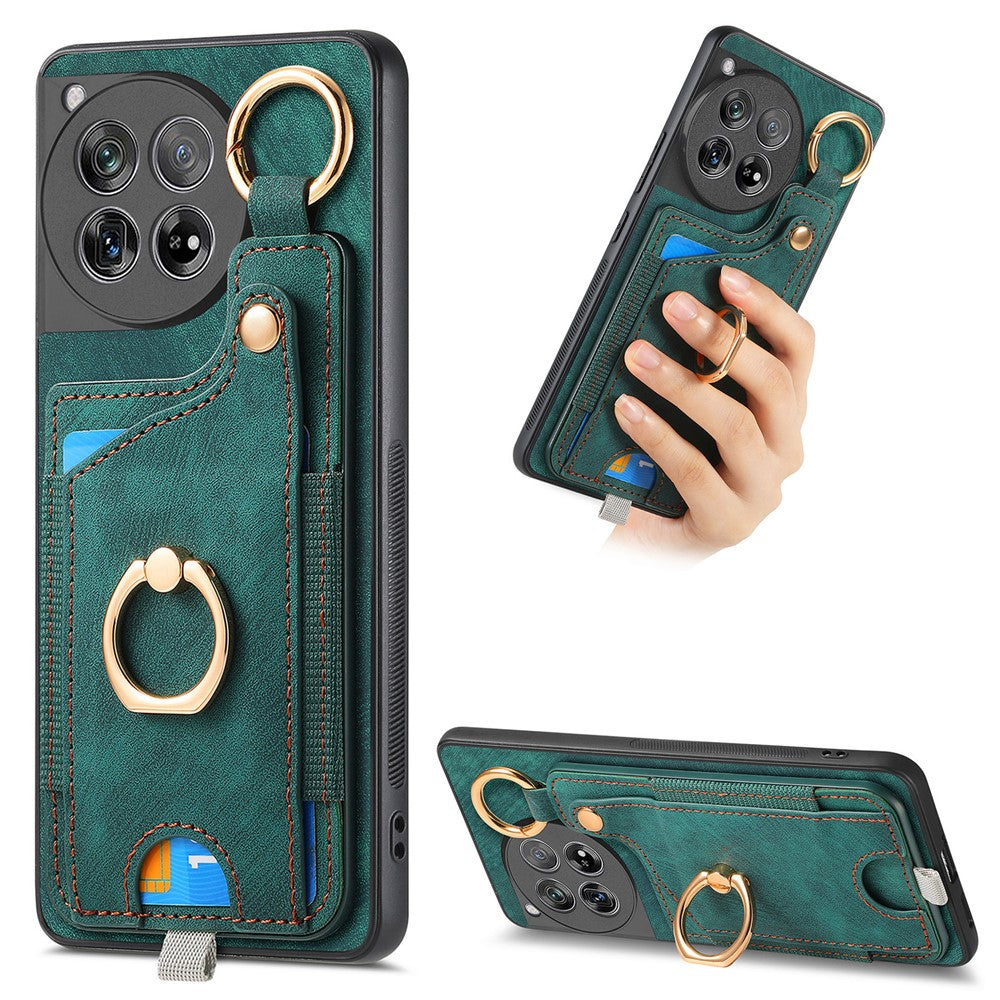 D6 För OnePlus 12 5G Skal Läder+TPU mobilskal med Ring Stativ Korthållare Väska