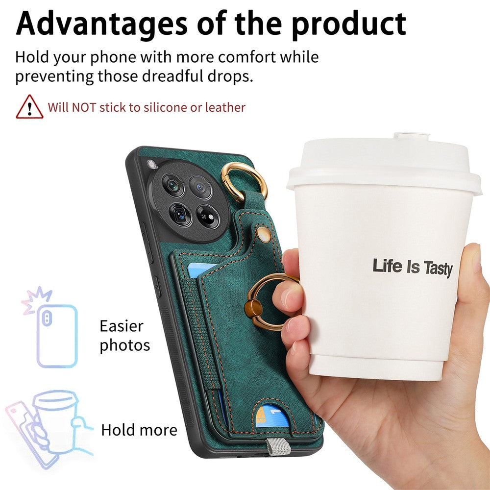 D6 För OnePlus 12 5G Skal Läder+TPU mobilskal med Ring Stativ Korthållare Väska