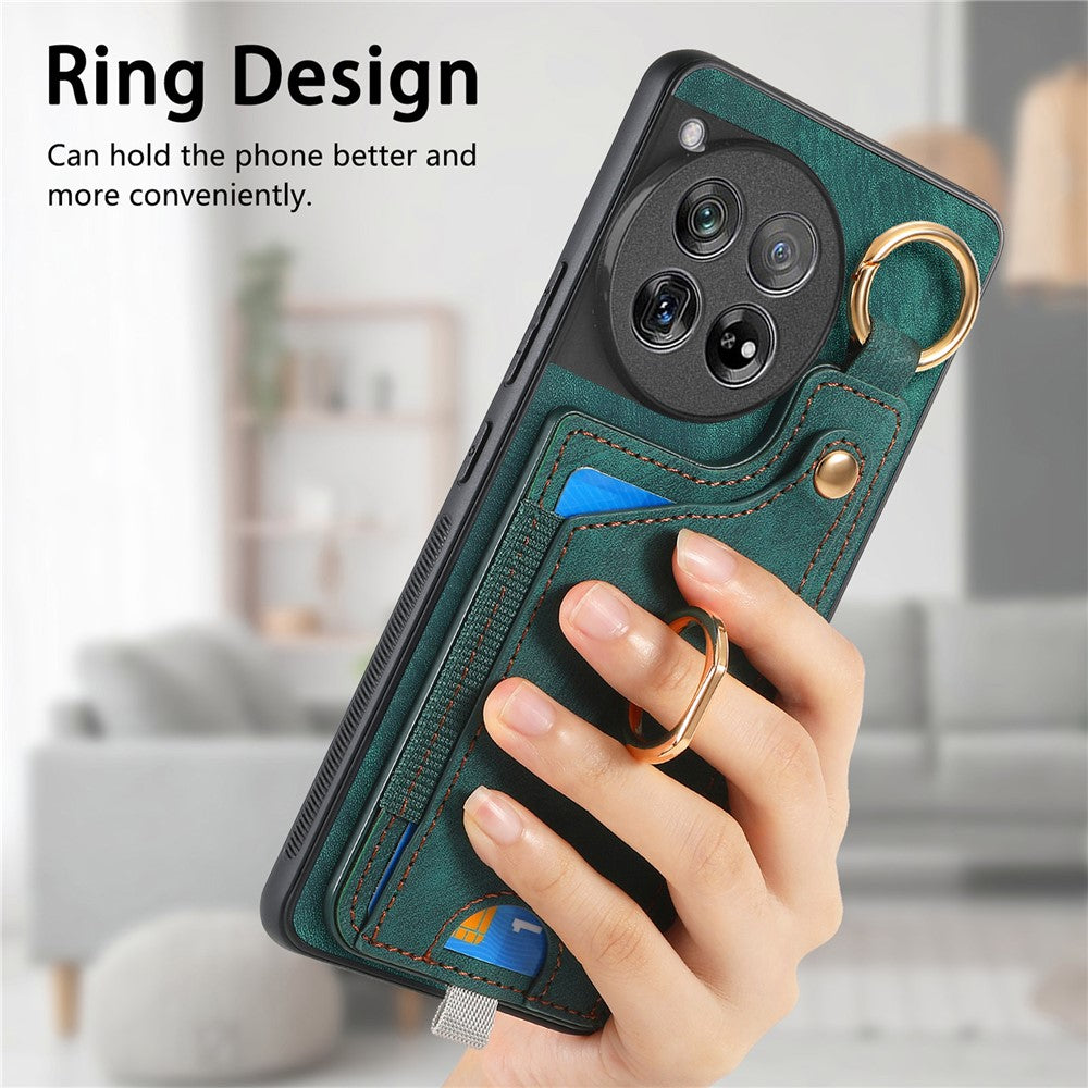 D6 För OnePlus 12 5G Skal Läder+TPU mobilskal med Ring Stativ Korthållare Väska