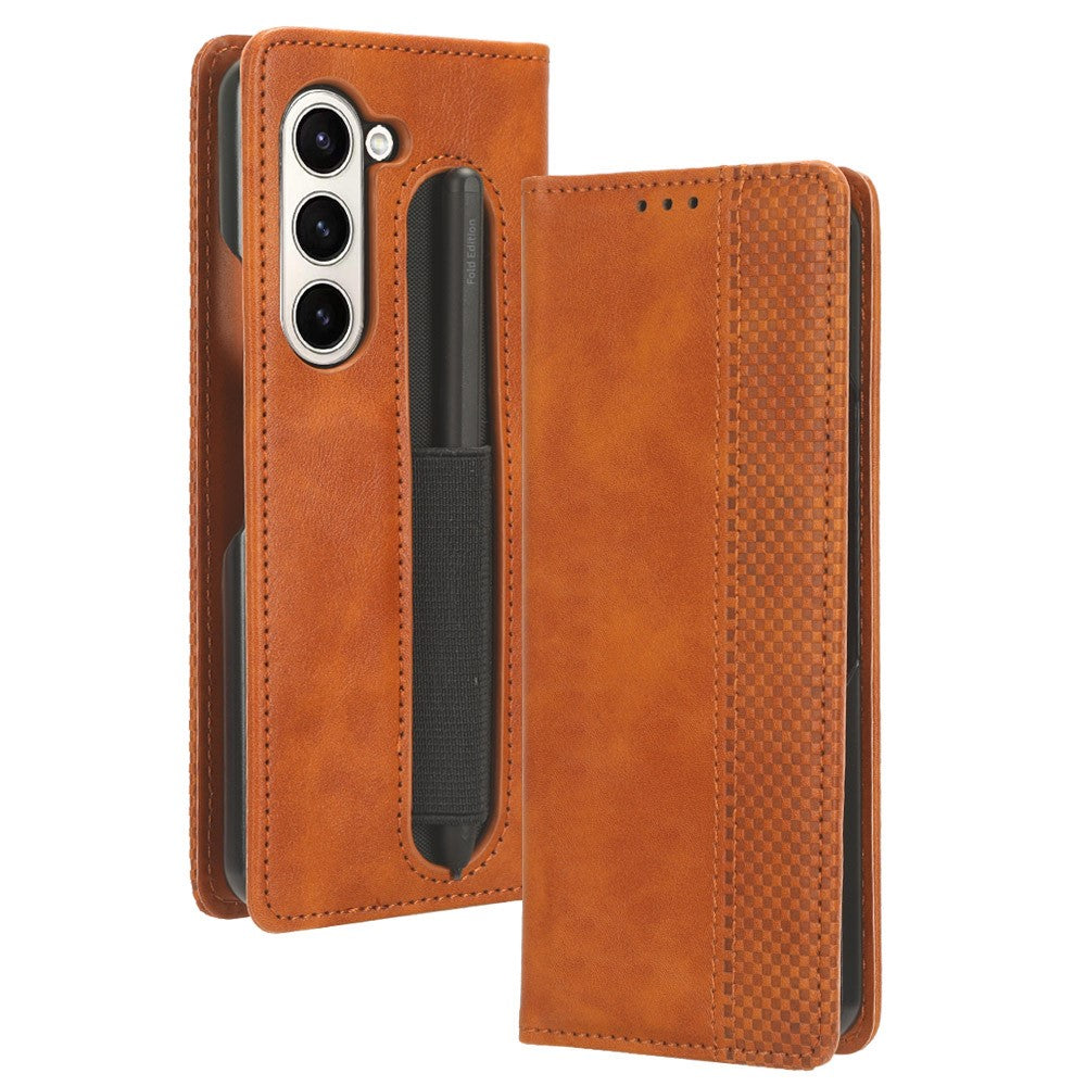 Til Samsung Galaxy Z Fold6 5G Etui med blyantsholder Retro PU-læder telefoncover