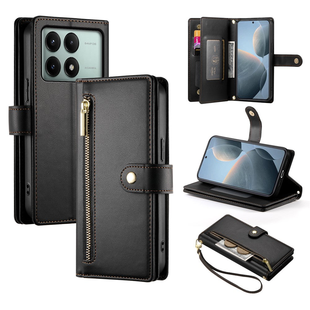 DF-011 For Xiaomi Poco X6 Pro 5G / Redmi K70E 5G Leather Case Zipper Wallet Multiple Card Slots