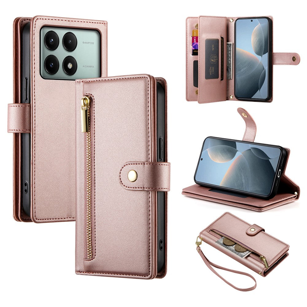 DF-011 For Xiaomi Poco X6 Pro 5G / Redmi K70E 5G Leather Case Zipper Wallet Multiple Card Slots