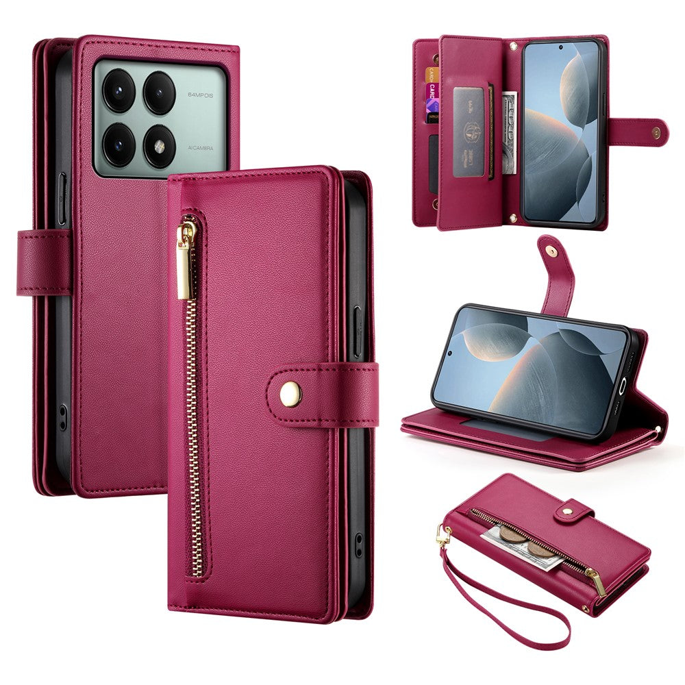 DF-011 For Xiaomi Poco X6 Pro 5G / Redmi K70E 5G Leather Case Zipper Wallet Multiple Card Slots