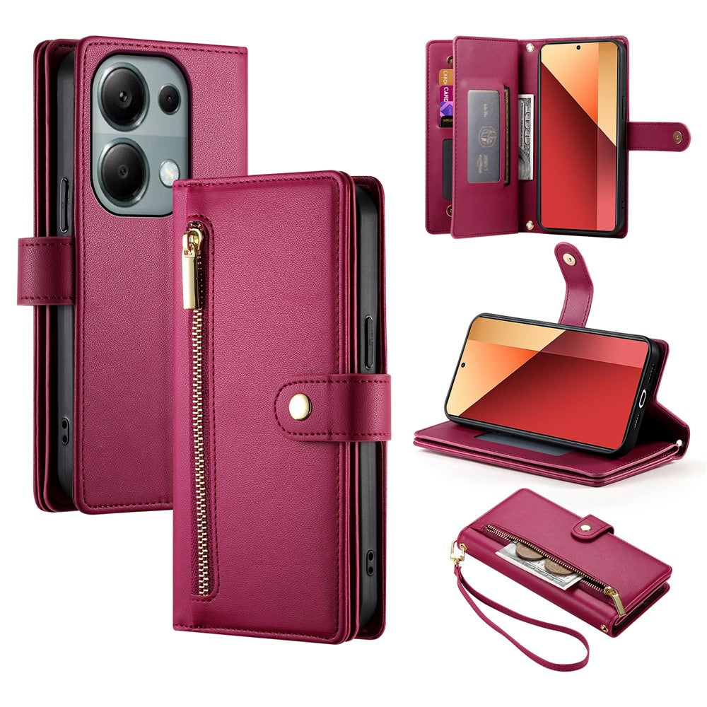 DF-011 For Xiaomi Poco M6 Pro 4G / Redmi Note 13 Pro 4G Wallet Case Zipper Leather Phone Cover