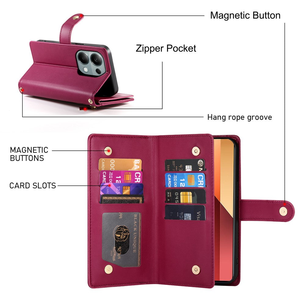 DF-011 For Xiaomi Poco M6 Pro 4G / Redmi Note 13 Pro 4G Wallet Case Zipper Leather Phone Cover