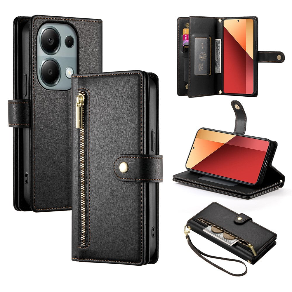 DF-011 For Xiaomi Poco M6 Pro 4G / Redmi Note 13 Pro 4G Wallet Case Zipper Leather Phone Cover