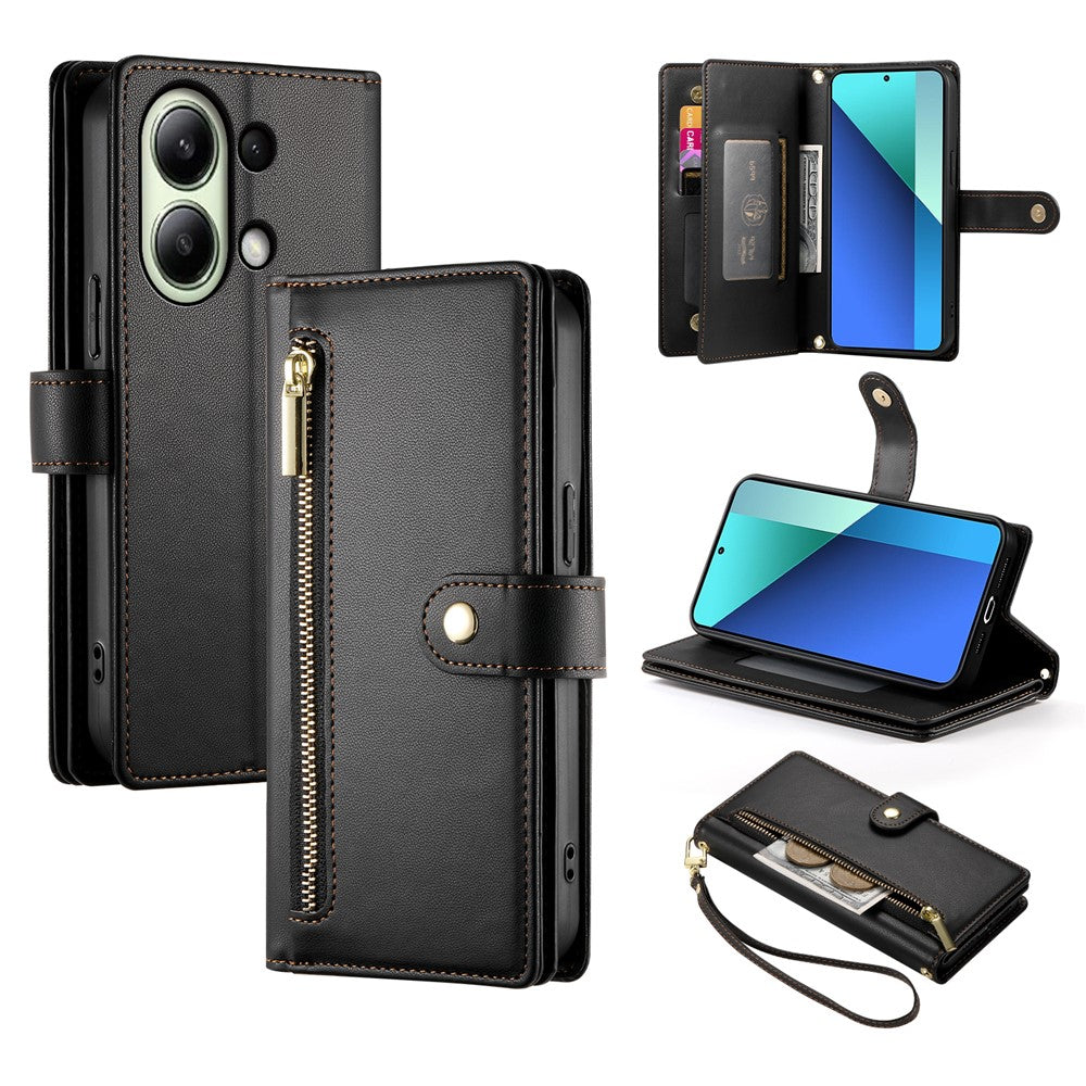 DF-011 For Xiaomi Redmi Note 13 4G Leather Case Zipper Phone Cover with Hand Strap / Shoulder Strap