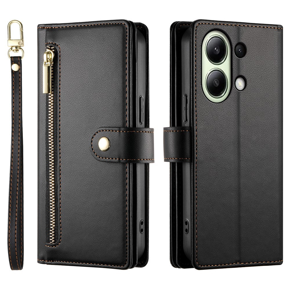DF-011 For Xiaomi Redmi Note 13 4G Leather Case Zipper Phone Cover with Hand Strap / Shoulder Strap