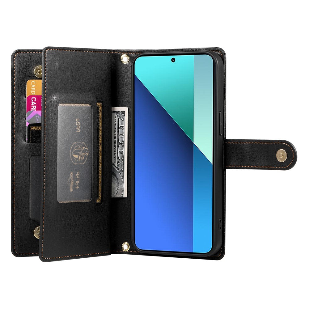 DF-011 For Xiaomi Redmi Note 13 4G Leather Case Zipper Phone Cover with Hand Strap / Shoulder Strap