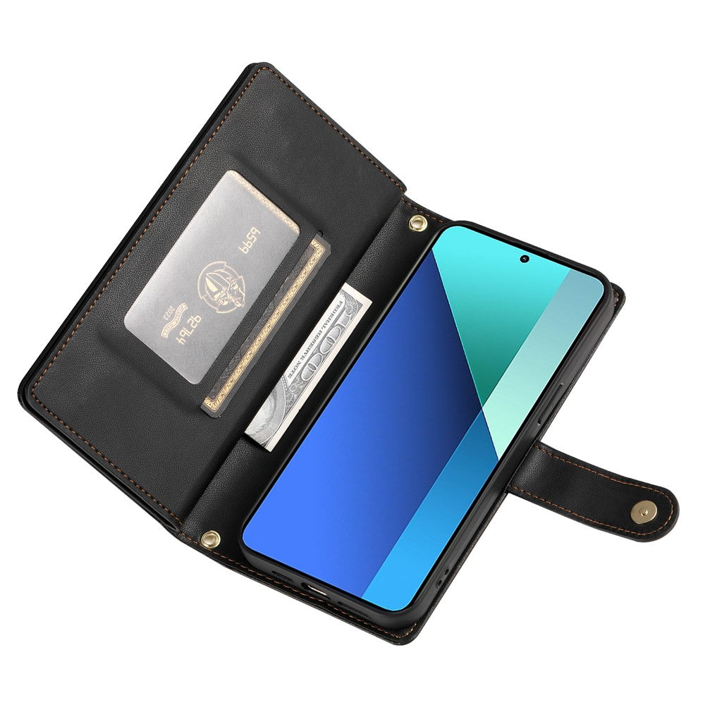 DF-011 For Xiaomi Redmi Note 13 4G Leather Case Zipper Phone Cover with Hand Strap / Shoulder Strap