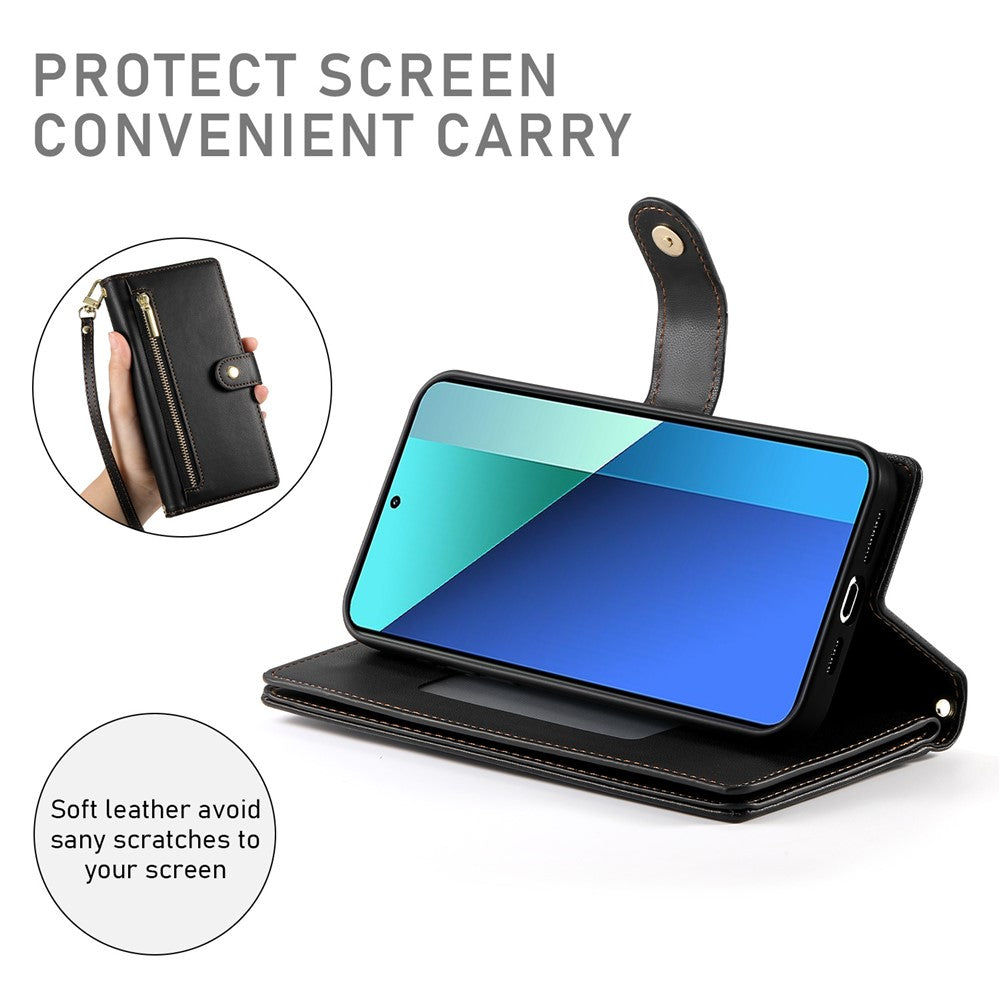 DF-011 For Xiaomi Redmi Note 13 4G Leather Case Zipper Phone Cover with Hand Strap / Shoulder Strap