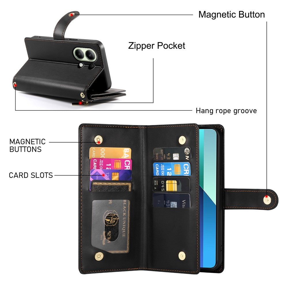 DF-011 For Xiaomi Redmi Note 13 4G Leather Case Zipper Phone Cover with Hand Strap / Shoulder Strap