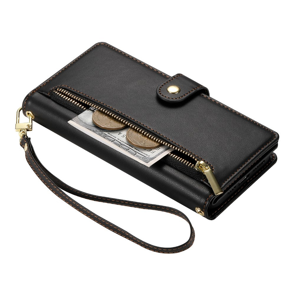 DF-011 For Xiaomi Redmi Note 13 4G Leather Case Zipper Phone Cover with Hand Strap / Shoulder Strap
