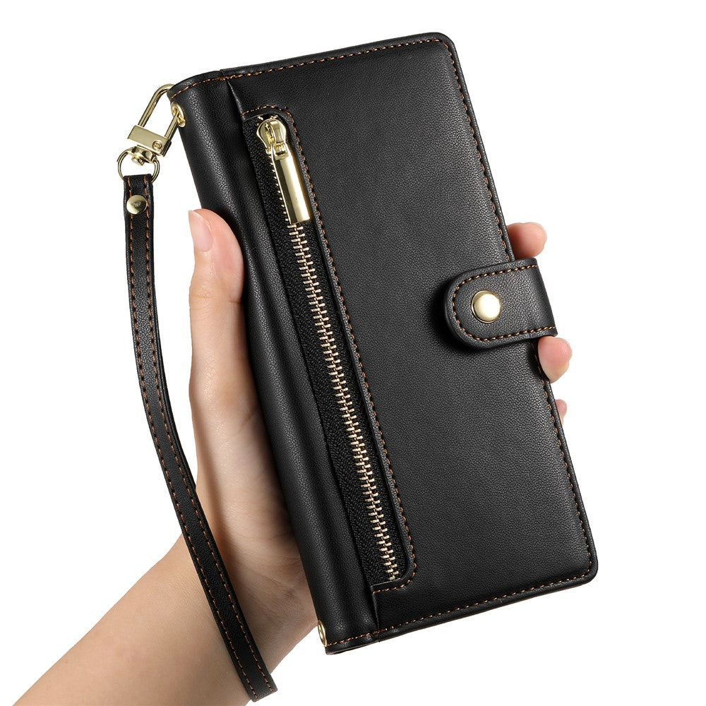 DF-011 For Xiaomi Redmi Note 13 4G Leather Case Zipper Phone Cover with Hand Strap / Shoulder Strap