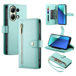 DF-011 For Xiaomi Redmi Note 13 4G Leather Case Zipper Phone Cover with Hand Strap / Shoulder Strap