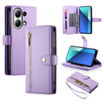 DF-011 For Xiaomi Redmi Note 13 4G Leather Case Zipper Phone Cover with Hand Strap / Shoulder Strap