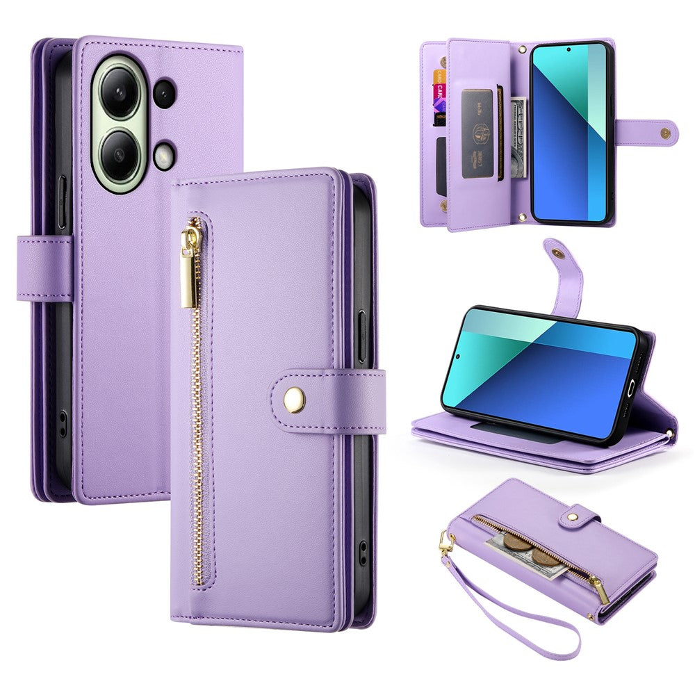 DF-011 For Xiaomi Redmi Note 13 4G Leather Case Zipper Phone Cover with Hand Strap / Shoulder Strap