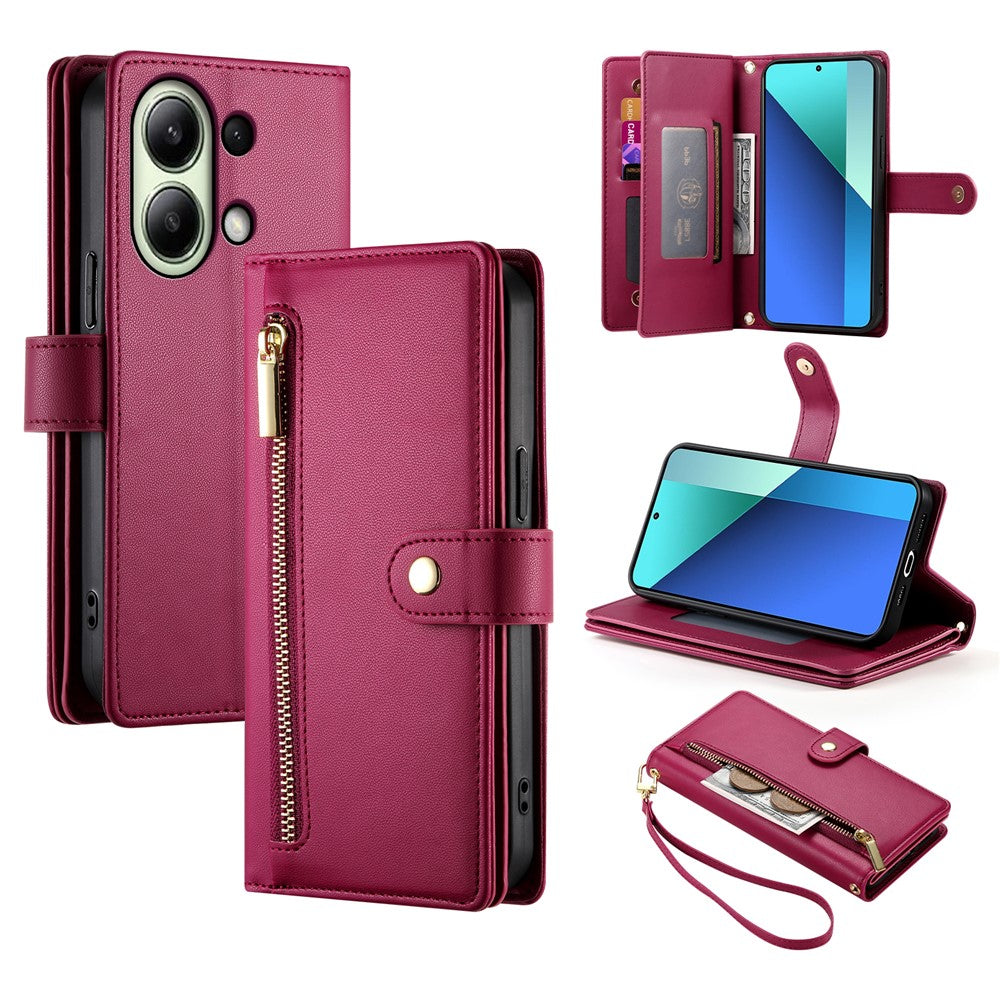 DF-011 For Xiaomi Redmi Note 13 4G Leather Case Zipper Phone Cover with Hand Strap / Shoulder Strap