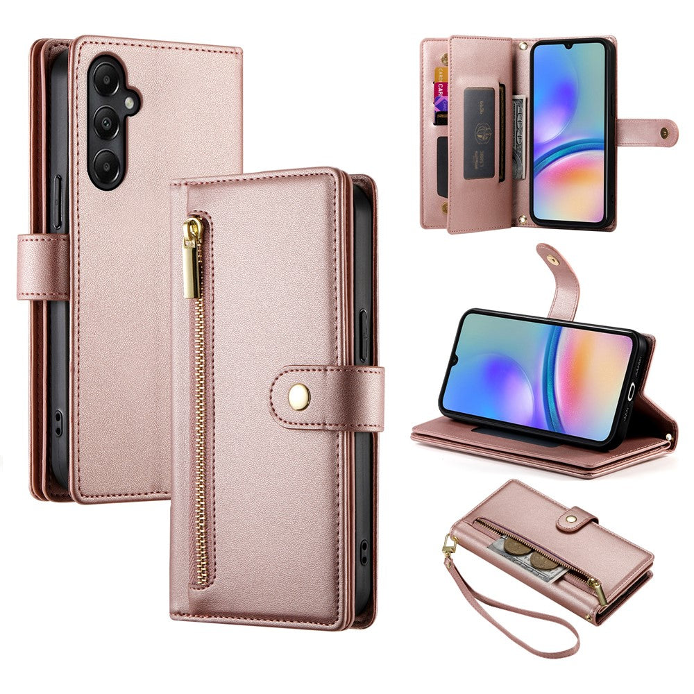 DF-011 Läderfodral för Samsung Galaxy A05s 4G, Plånbok med dragkedja, Axelremsväska för mobilmobil