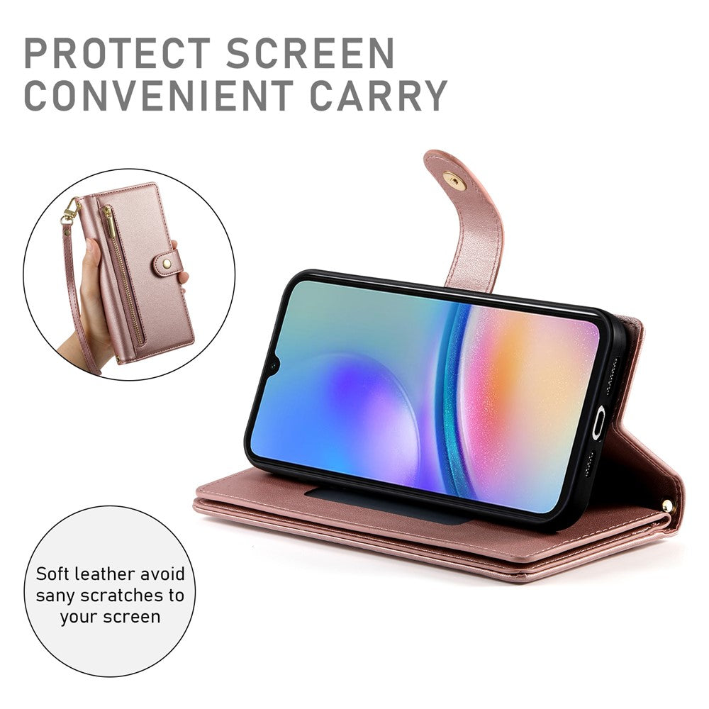 DF-011 Läderfodral för Samsung Galaxy A05s 4G, Plånbok med dragkedja, Axelremsväska för mobilmobil