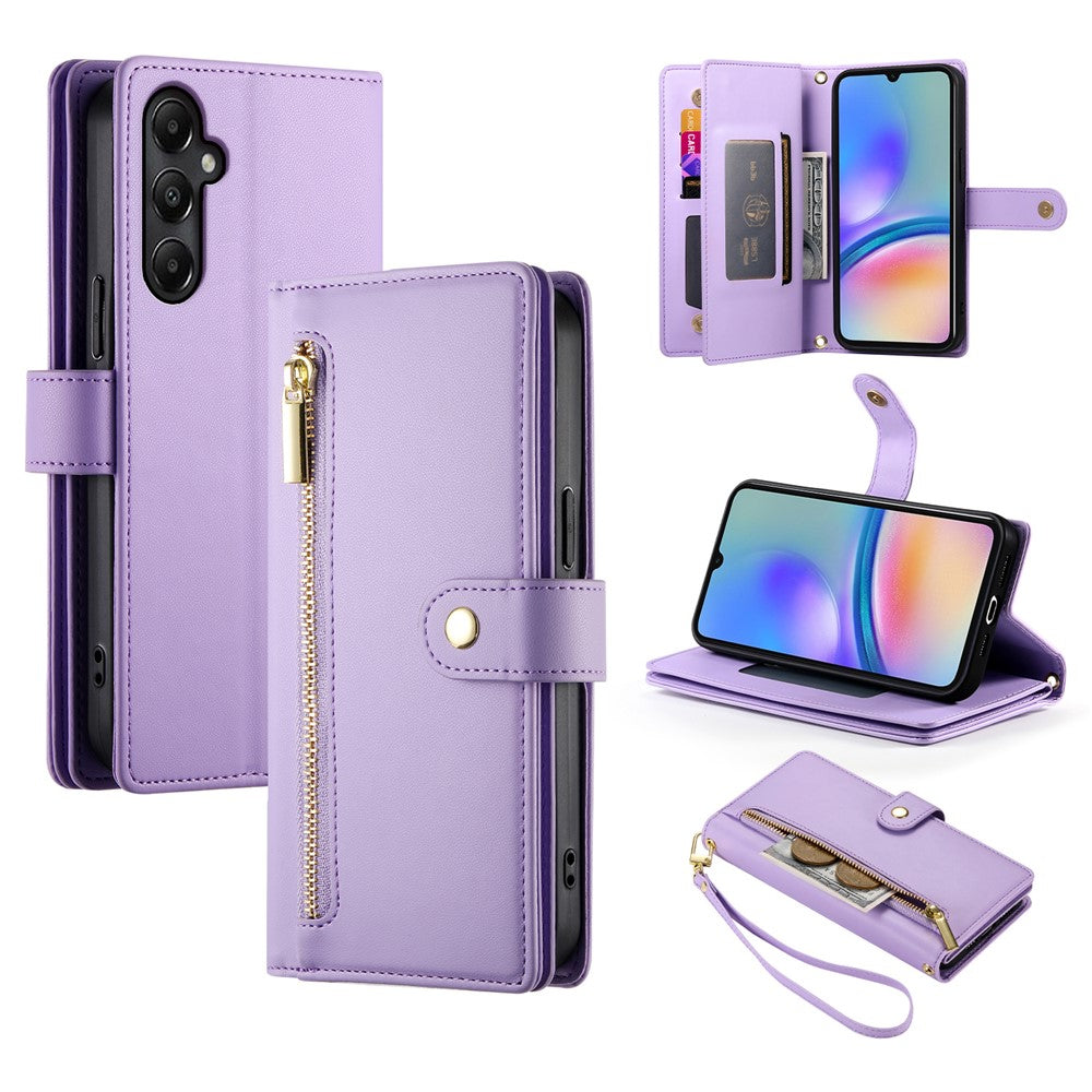 DF-011 Läderfodral för Samsung Galaxy A05s 4G, Plånbok med dragkedja, Axelremsväska för mobilmobil