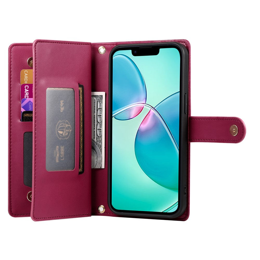 DF-011 For iPhone 17e / 16e Case Zipper Wallet PU Leather Crossbody Phone Bag